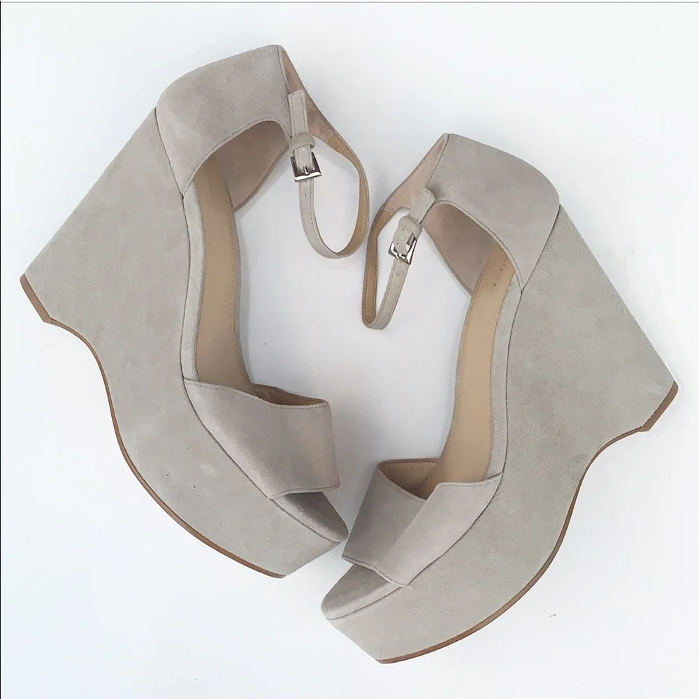 Women's Gray Suede Platform Wedge Sandals with Ankle Strap
